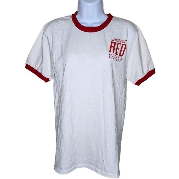 Taylor Swift Red Short Sleeve Ringer TShirt Womens Size S White - Picture 1 of 7